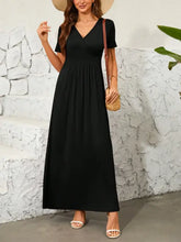 Black surplice short sleeve maxi dress with elastic waist