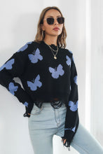 Black Sweater with Blue Butterfly Pattern Round Neck Long Sleeve