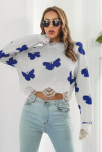 Black Sweater with Blue Butterfly Pattern Round Neck Long Sleeve White Sweater Pullovers