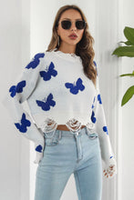 Black Sweater with Blue Butterfly Pattern Round Neck Long Sleeve