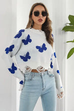 Black Sweater with Blue Butterfly Pattern Round Neck Long Sleeve Sweater Pullovers