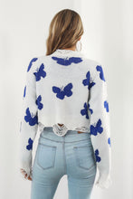 Black Sweater with Blue Butterfly Pattern Round Neck Long Sleeve