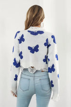 Black Sweater with Blue Butterfly Pattern Round Neck Long Sleeve Sweater Pullovers