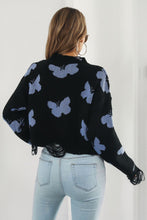 Black Sweater with Blue Butterfly Pattern Round Neck Long Sleeve