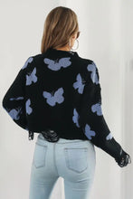 Black Sweater with Blue Butterfly Pattern Round Neck Long Sleeve Sweater Pullovers