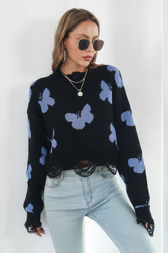 Black Sweater with Blue Butterfly Pattern Round Neck Long Sleeve Black