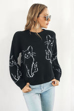 Black Sweater with Cat Pattern Round Neck Long Sleeve Pullover