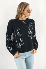 Black Sweater with Cat Pattern Round Neck Long Sleeve Pullover Sweater Pullovers