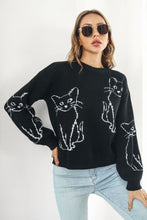 Black Sweater with Cat Pattern Round Neck Long Sleeve Pullover