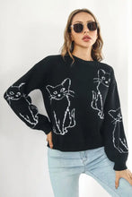 Black Sweater with Cat Pattern Round Neck Long Sleeve Pullover Sweater Pullovers