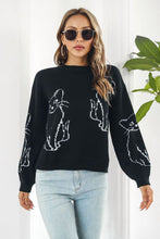 Black Sweater with Cat Pattern Round Neck Long Sleeve Pullover