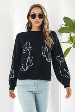 Black Sweater with Cat Pattern Round Neck Long Sleeve Pullover Sweater Pullovers