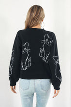 Black Sweater with Cat Pattern Round Neck Long Sleeve Pullover