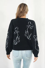 Black Sweater with Cat Pattern Round Neck Long Sleeve Pullover Sweater Pullovers