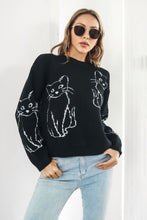 Black Sweater with Cat Pattern Round Neck Long Sleeve Pullover Black