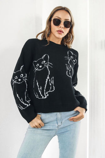 Black Sweater with Cat Pattern Round Neck Long Sleeve Pullover Black