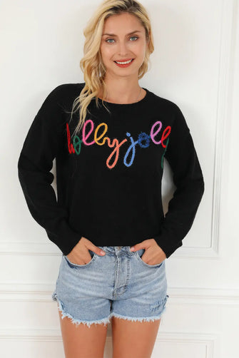 Black Sweater with Colorful Be Jolly Text Slightly Stretchy Tumble Dry Low Black