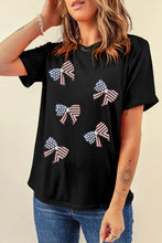 Black T-Shirt with American Flag Bow Pattern for Women