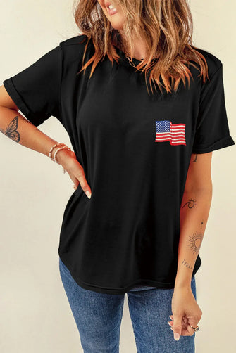 Black T Shirt with American Flag for Women Polyester Cotton Blend Black