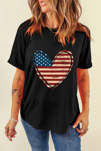 Black T-Shirt with American Flag Heart for Women Black