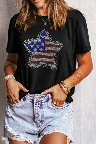 Black T-Shirt with American Flag Star and Light Blue Jeans Set Black