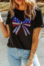 Black T-Shirt with Bow Rhinestone Round Neck and American Flag Design