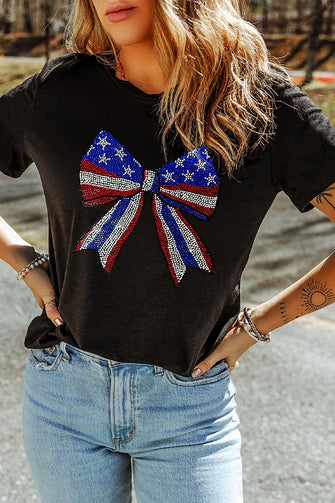 Black T-Shirt with Bow Rhinestone Round Neck and American Flag Design Black