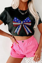 Black T-Shirt with Bow Rhinestone Round Neck and American Flag Design
