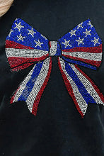 Black T-Shirt with Bow Rhinestone Round Neck and American Flag Design
