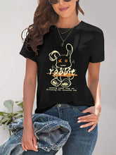 Black T-Shirt with Cartoon Rabbit Graphic for Women Black Woman T Shirts