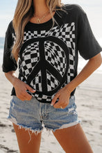 Black T-Shirt with Checkered Peace Sign Graphic for Women Black