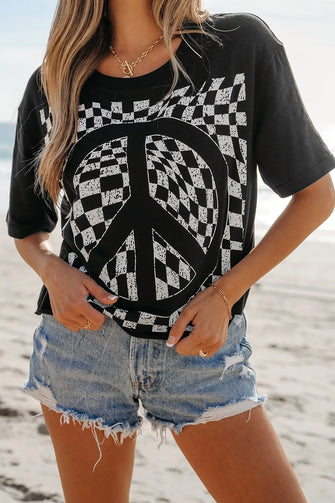Black T-Shirt with Checkered Peace Sign Graphic for Women Black