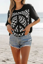 Black T-Shirt with Checkered Peace Sign Graphic for Women Woman T Shirts