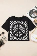 Black T-Shirt with Checkered Peace Sign Graphic for Women Woman T Shirts