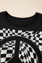 Black T-Shirt with Checkered Peace Sign Graphic for Women Woman T Shirts