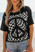Black T-Shirt with Checkered Peace Sign Graphic for Women Woman T Shirts