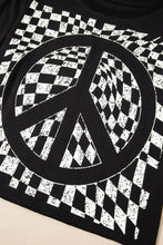 Black T-Shirt with Checkered Peace Sign Graphic for Women Woman T Shirts