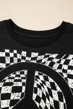 Black T-Shirt with Checkered Peace Sign Graphic for Women Woman T Shirts