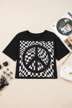 Black T-Shirt with Checkered Peace Sign Graphic for Women Woman T Shirts
