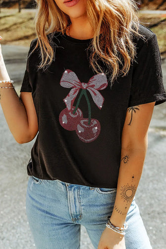 Black T-Shirt with Cherry Bow Design and Rhinestone Accents Black