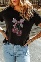 Black T-Shirt with Cherry Bow Design and Rhinestone Accents