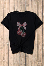 Black T-Shirt with Cherry Bow Design and Rhinestone Accents
