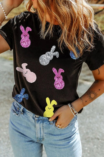 Black T-Shirt with Colorful Bunny Sequin Design for Women Black