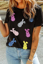 Black T-Shirt with Colorful Bunny Sequin Design for Women