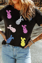 Black T-Shirt with Colorful Bunny Sequin Design for Women