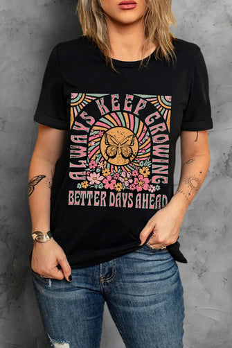 Black T-Shirt with Colorful Butterfly Graphic for Women Black