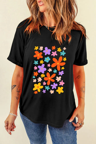 Black T-Shirt with Colorful Floral Print for Women Black