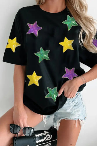 Black T-Shirt with Colorful Star Pattern for Women Black Woman T Shirts