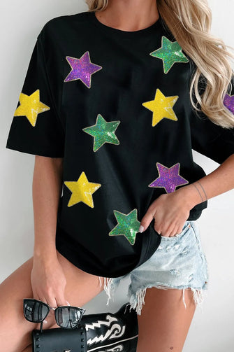 Black T-Shirt with Colorful Star Pattern for Women Black