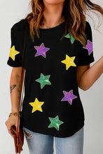 Women’s black t-shirt with colorful star pattern and sequins, slightly stretchy